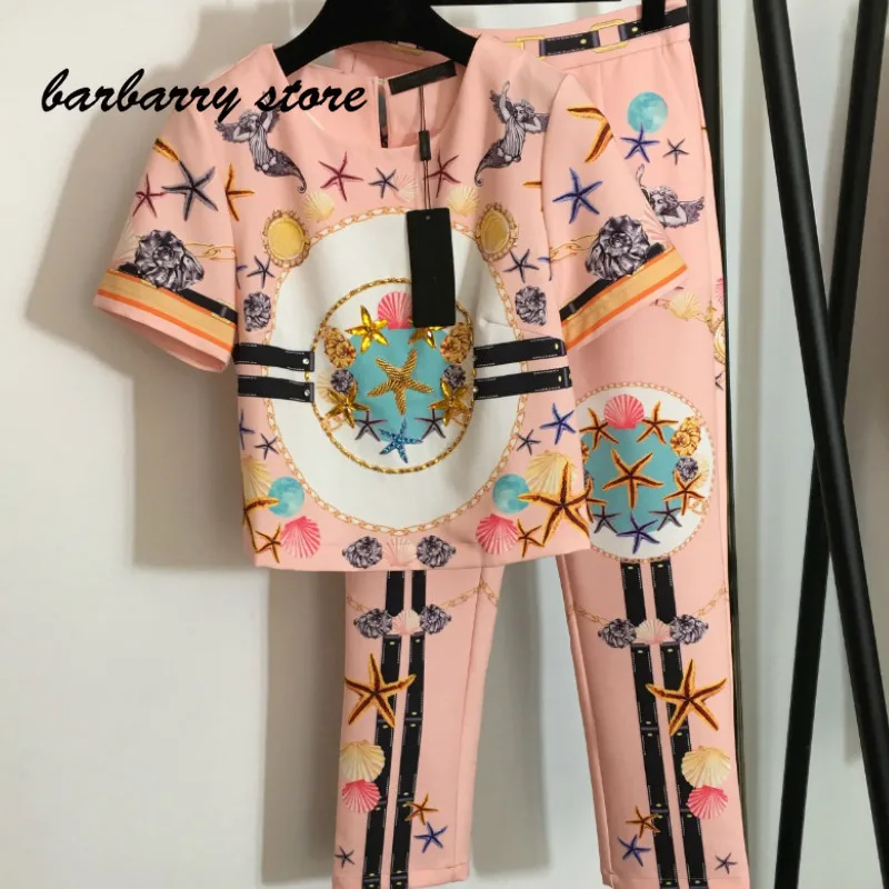 

21 luxury brand starfish shell printing women's versatile round neck short sleeve T-shirt + high waist casual pants 2-piece set