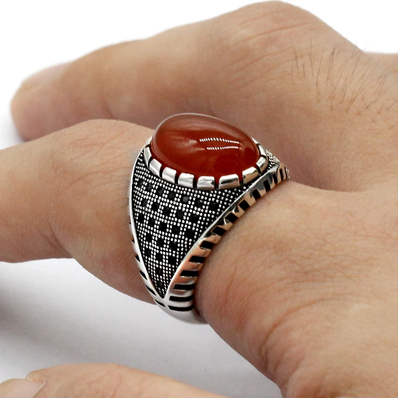 

Real Pure Mens Rings Silver S925 Retro Vintage Turkish Rings For Men With Natural Red Onyx Agate Stones Turkey Jewelry Gift