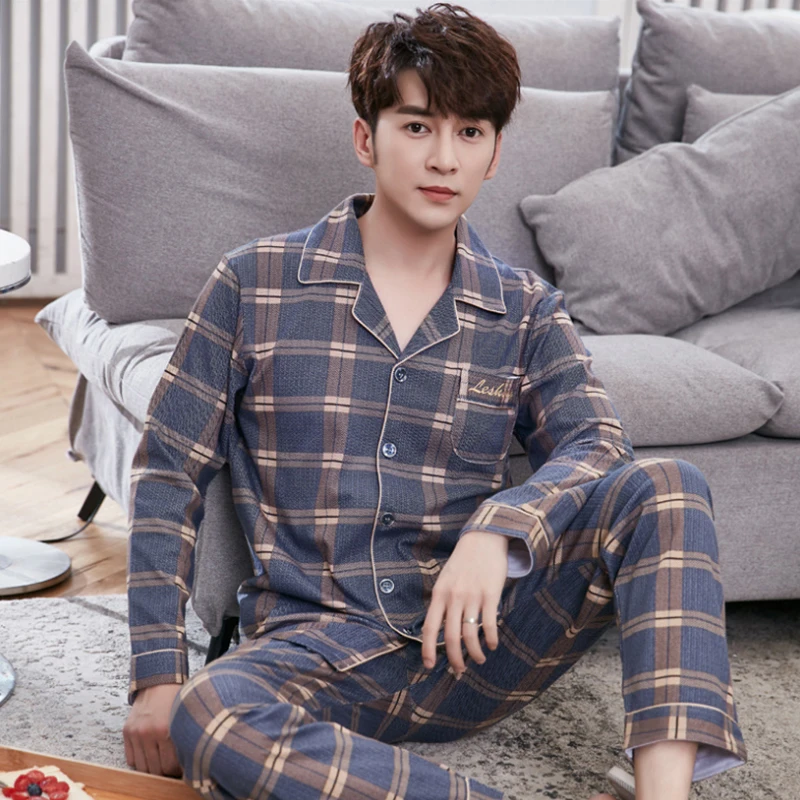 100% Cotton Pijama for Men Plaid Autumn Winter Sleepwear Pajamas Pyjamas Set 3XL Casual Striped Male Homewear Home Clothes