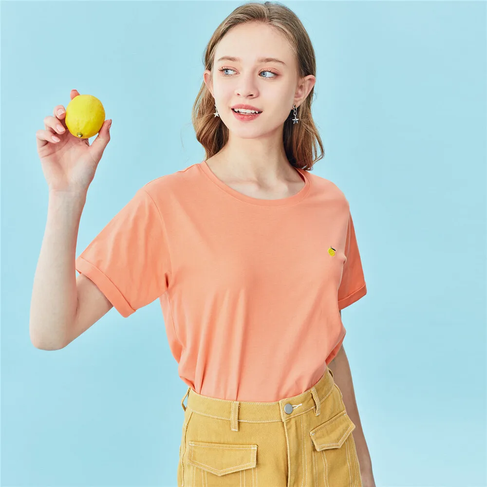 Женская хлопковая Футболка с вышивкой Giordano мягкая свободная футболка коротким