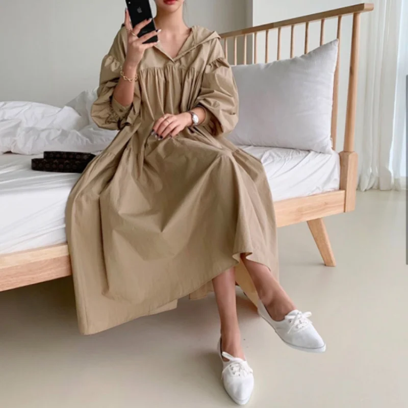 

CALIFOR Solid Hooded Maxi Dress Fall Women's Clothes 2021 Lantern Half Sleeve Ball Gown Dress Korean Oversized Casual Dresses