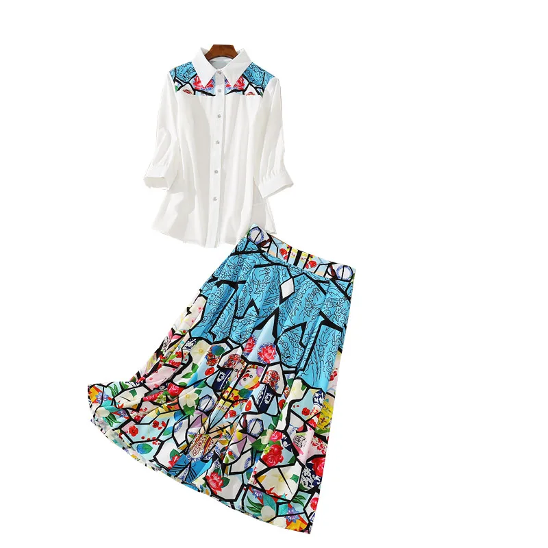 

JCHB 2021 early autumn new Lapel shirt top high waist print skirt fashion two piece