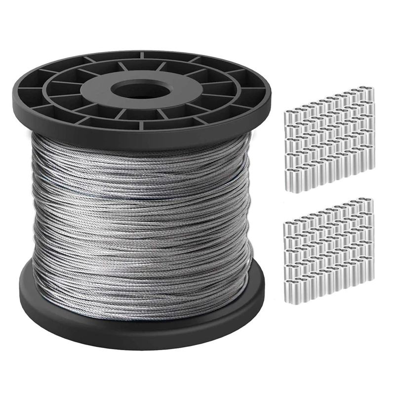 

100M Length 1/16 Wire Cable, 7X7 Strand Core, 368Lbs/167Kg Breaking Strength With 100 Pcs Crimping Clamps Loop Sleeve