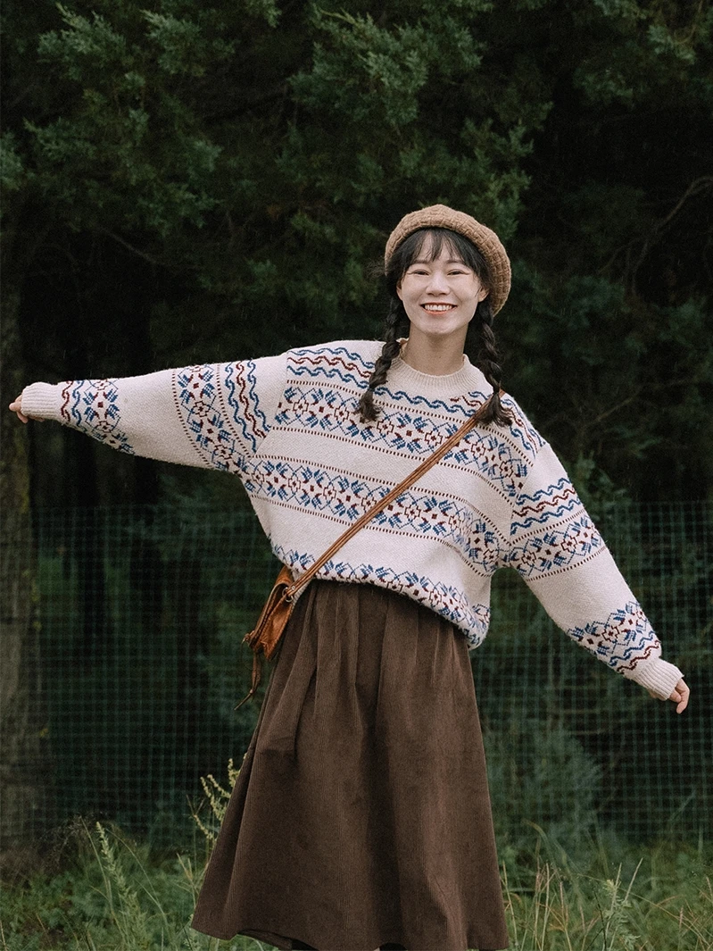 Женский свитер в этническом стиле Свободный вязаный пуловер ретро теплая