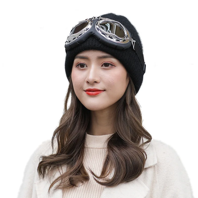 

Men And Women Fund Angola Rabbit's Hair Skiing Glasses Hat Pilot Knitting Hat Ins Wind Thickening Keep Warm Ma'am Winter Hat