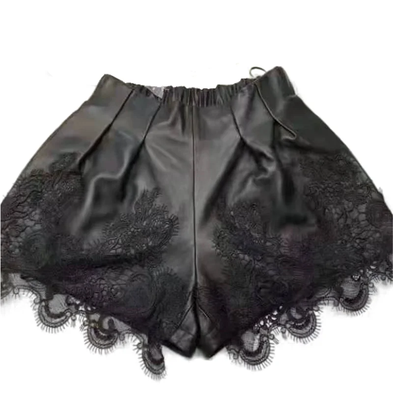 2023 New Arrival Women Fashion Real Sheepskin Leather Shorts With Lace