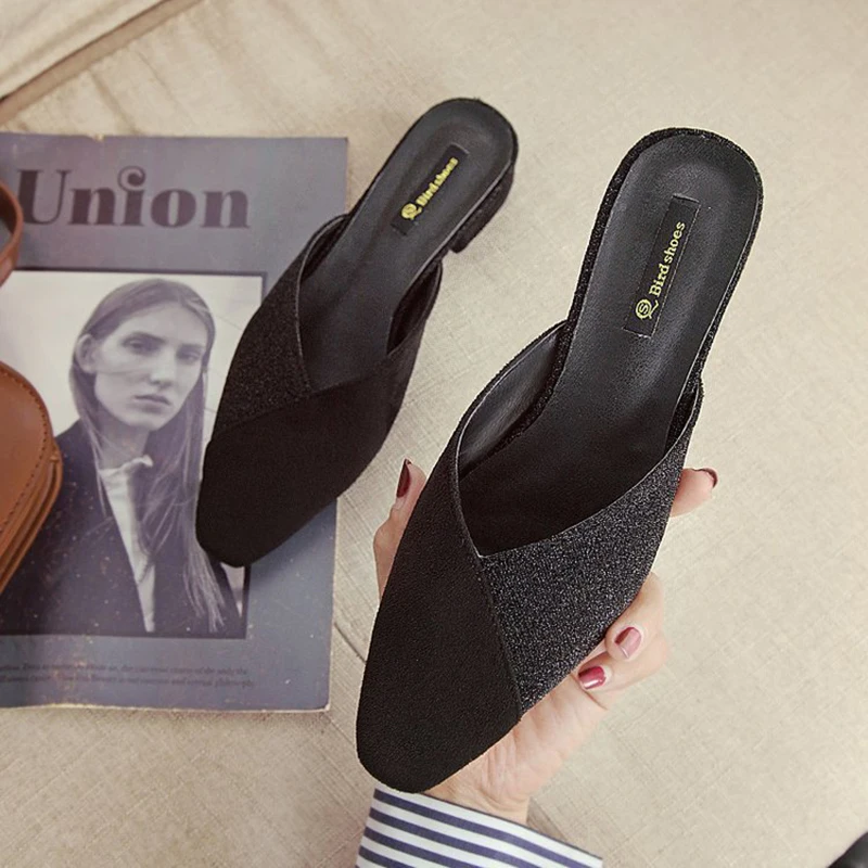 Тканевые тапочки шлепанцы с закрытым носком и блестками Слипоны на квадратном