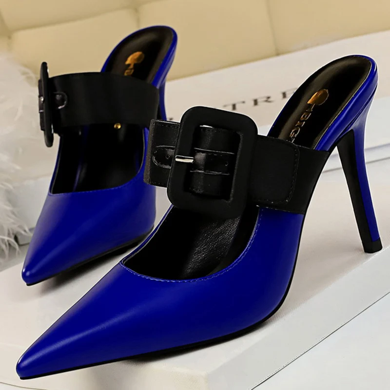 

2021 Summer Women 9.5cm Extreme Fetish High Heels Party Slippers Blue Pencil Heels Mules Pointed Toe Prom Slides Female Shoes