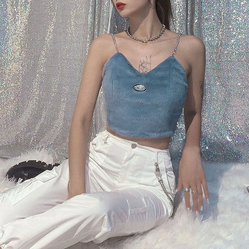 cute hairy camisole women crop tops Metal chain sling design tank 2020 summer hot casual party streetwear vest mujer | Женская одежда