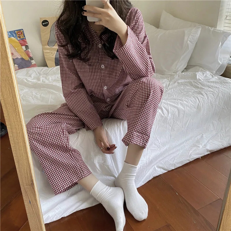 

Pajamas Women 2020 Autumn New Korean Shirt Style Fine Plaid Loose Long-sleeved Pajamas Home Casual Wear Suit