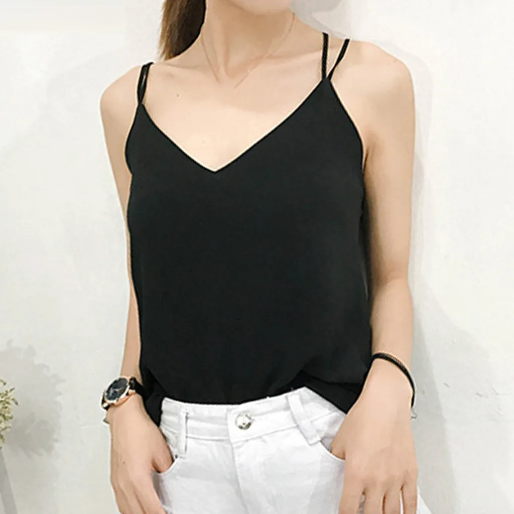 Женский шифоновый топ без рукавов повседневный свободный однотонный с v образным