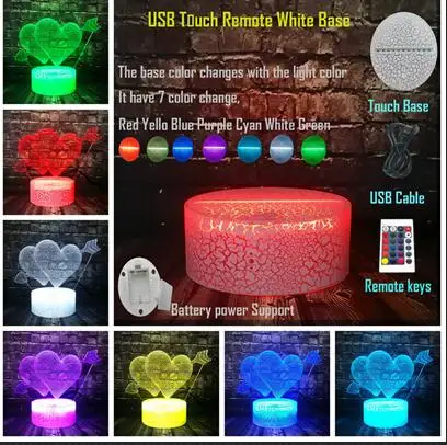 Романтическая любовь Купидон стрела через Двойное сердце 3D светодиодный USB лампа Милая влюбленные Свадебные украшения Красочный ночной светильник подарок - Испускаемый цвет: Controller 7 Color