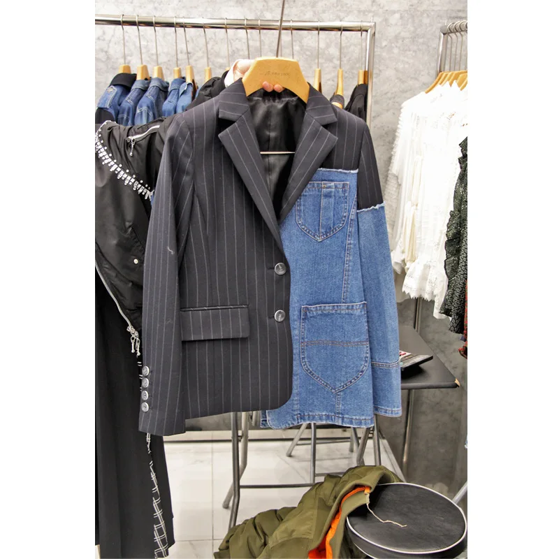 Женский блейзер в полоску повседневный жакет из джинсовой ткани осень 2020 |