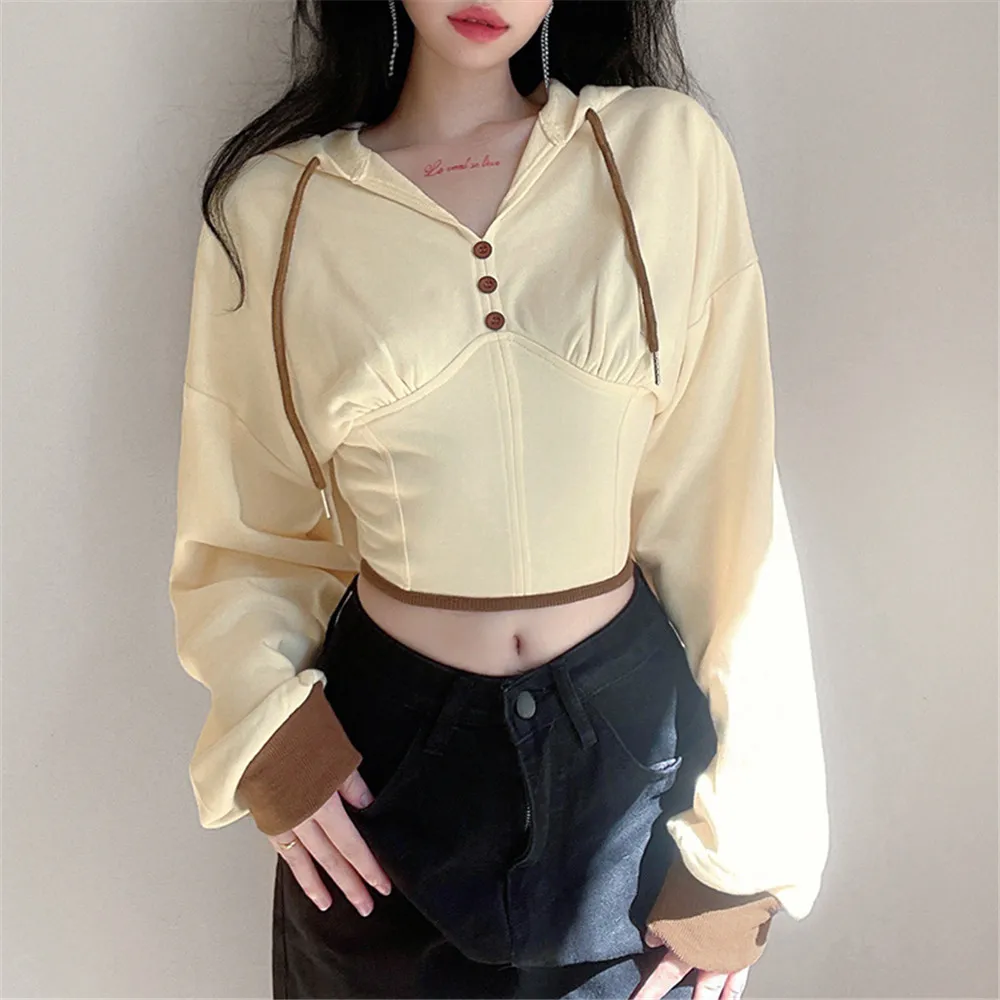 

Autumn Women Back Tie-Up Slim Fit Hoodie Casual Long Sleeve Crop Top Pullover Hooded Sweatshirt With Drawstrings 2021