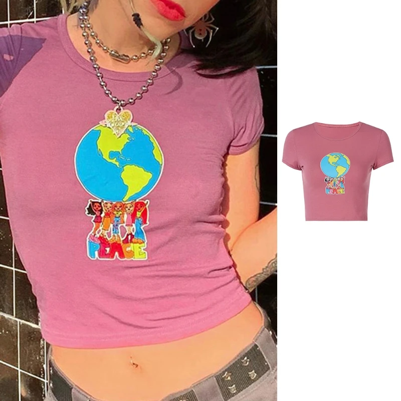 

Women Short Sleeve O-Neck Skinny T Shirt Cartoon Girls Earth Comic Print Crop Top Harajuku Slim Graphic Tees Streetwear