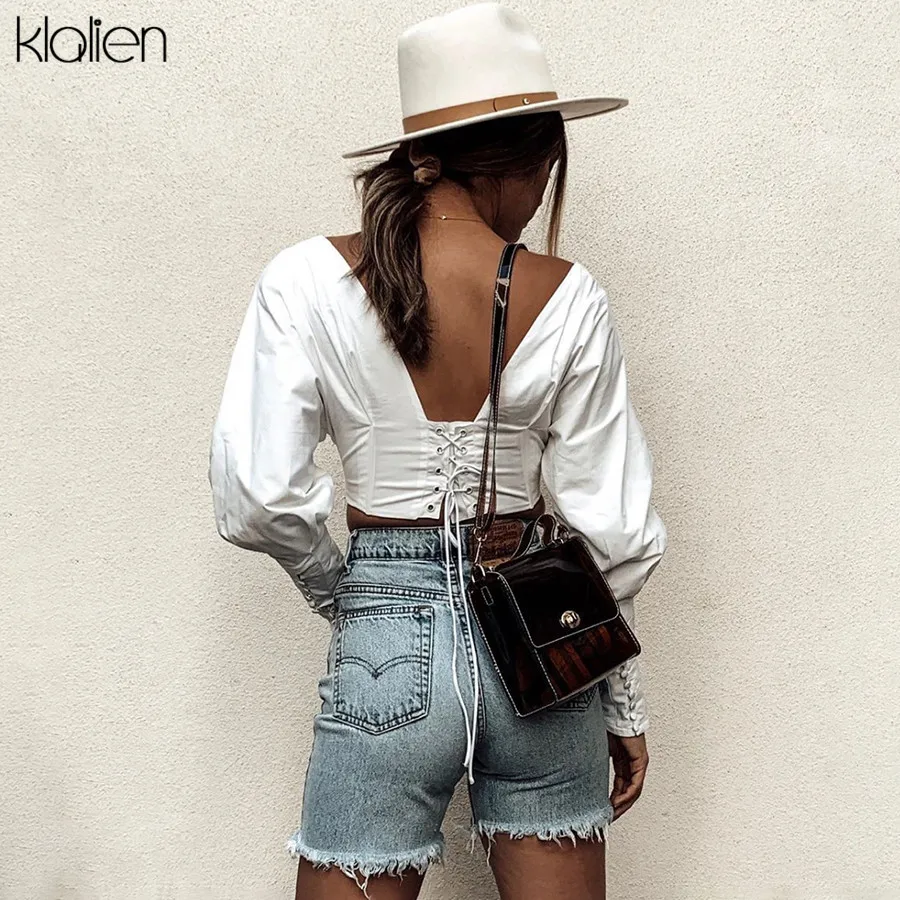 Женская облегающая блузка kalien белая с длинным рукавом летучая мышь на шнуровке