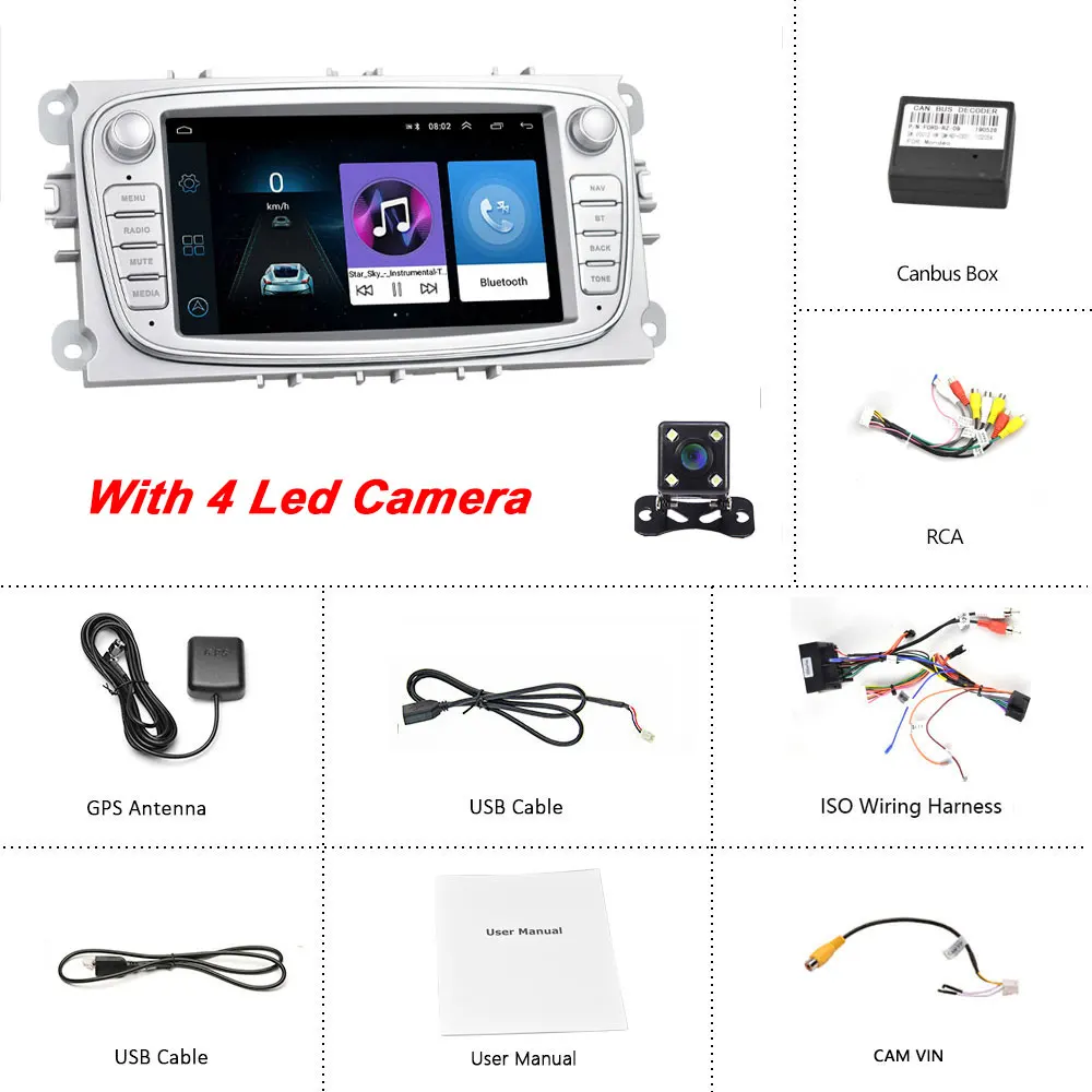 Silver With 4 LED Camecho Android 8,1 Автомобильный мультимедийный плеер gps автомобильный Радио 2 Din dvd Авторадио для FORD/Focus 2 Mk2/Mondeo/S-MAX/C-MAX/Galaxy DVR - Цвет: Silver With 4 LED