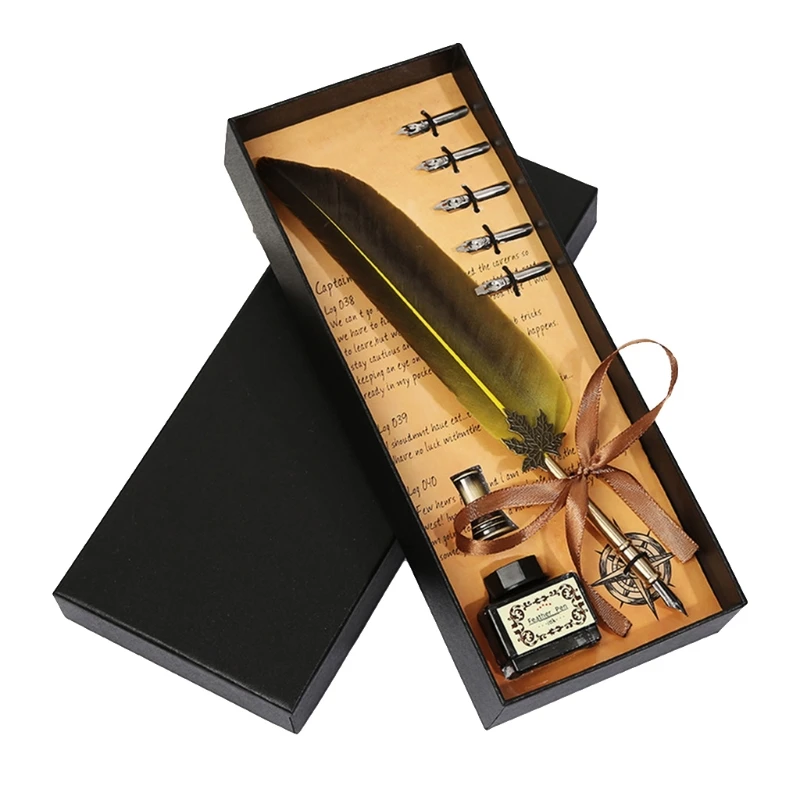 

W3JD 10 Colors Calligraphy Feather Pen Elegant Feather Quill Pen with Ink Bottle Gift Box 6 Nibs Gift for Birthday Party Home