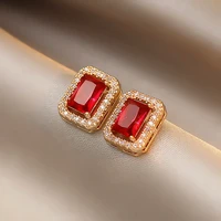 origin summer elegant red green color crystal earrings for women rectangle geometric small stud earrings vintage jewelry gifts