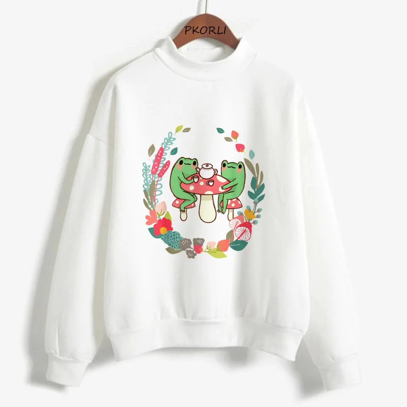 

Frogs Drinking Tea Graphic Hoodie Women Funny Mushroom Cute Cottagecore Aesthetic Frog Women's Sweatshirts Harajuku Clothes
