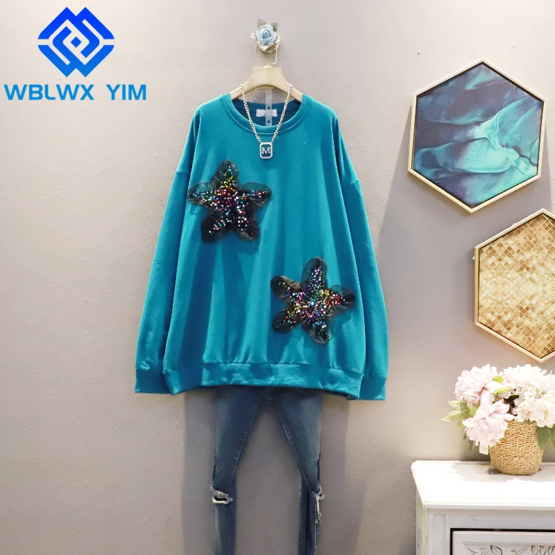 

Spring Autumn Sweatshirt Women Fashion Sequins Mesh Spliced Hoodies O-Neck Oversize Pullover Female High Quality Sweatshirts