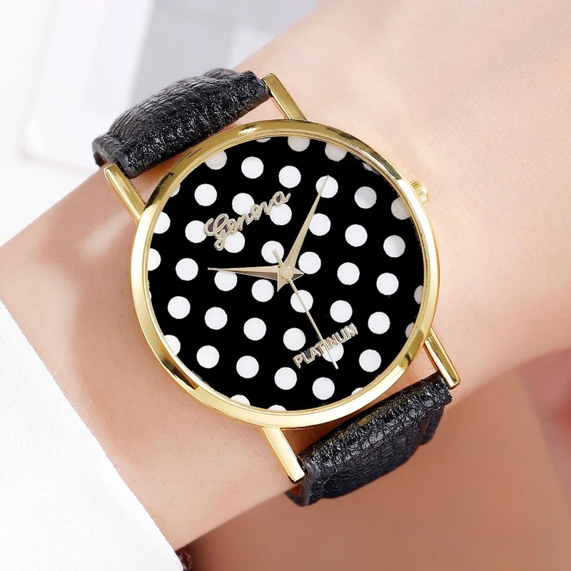 Часы женские кварцевые в горошек с кожаным ремешком 2020 | Наручные часы