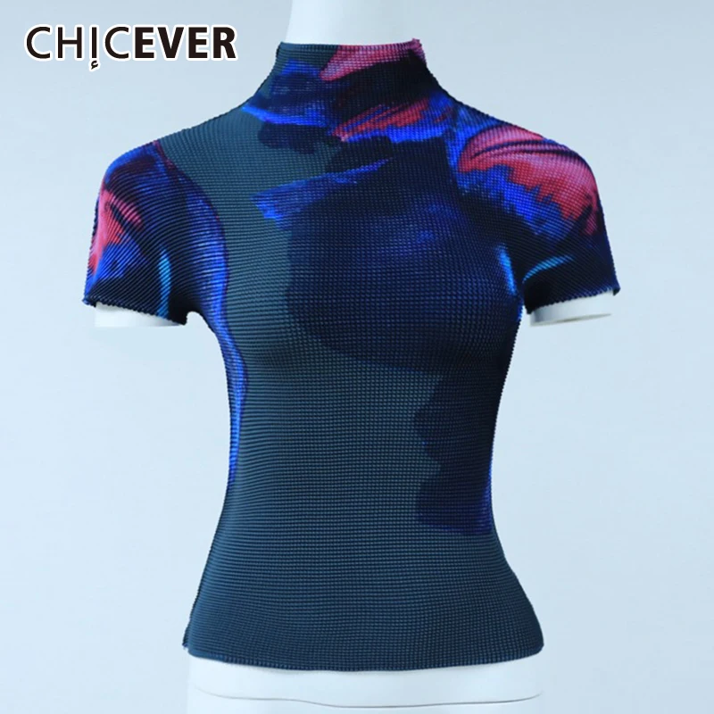 

CHICEVER Casual T Shirt For Women Turtleneck Short Sleeve Slim Hit Color Oversized Elastic T Shirts Female 2021 Summer Clothing