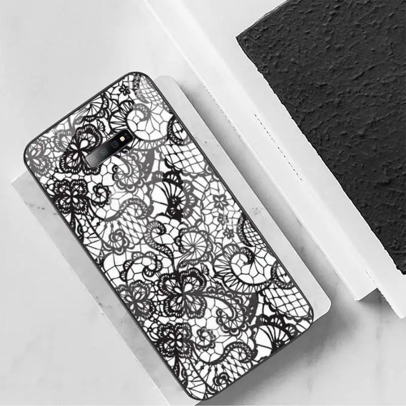 

Fashion black print flower Phone Case Tempered glass For Samsung S6 S7 edge S8 S9 S10 e plus note8 9 10 pro