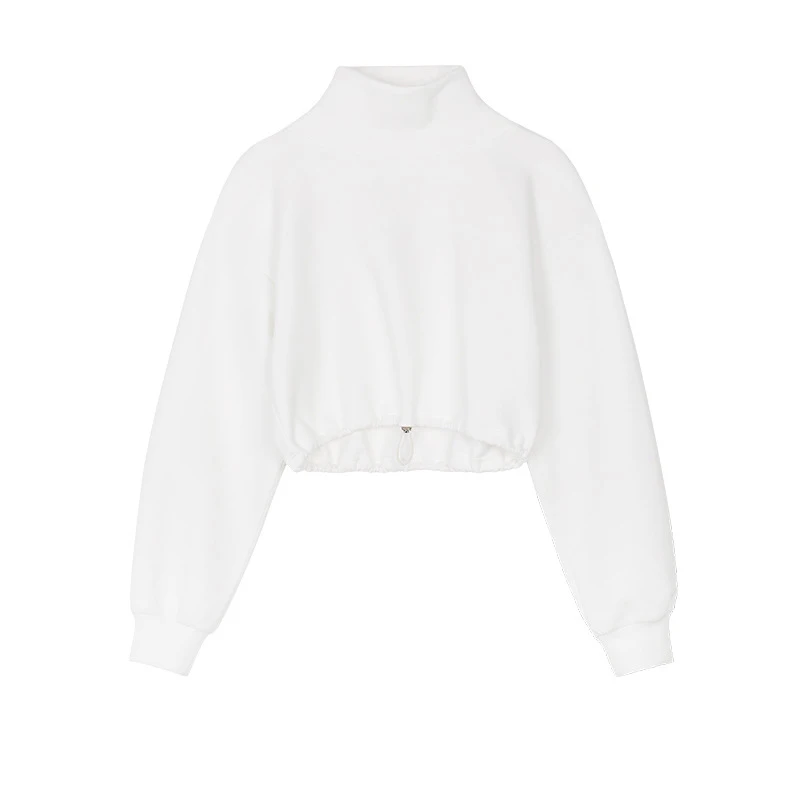 

DEAT 2021 Spring Autumn Fashion Casual Solid Color Loose Black White High Collar Long Sleeve Drawstring Sweater Female SL663