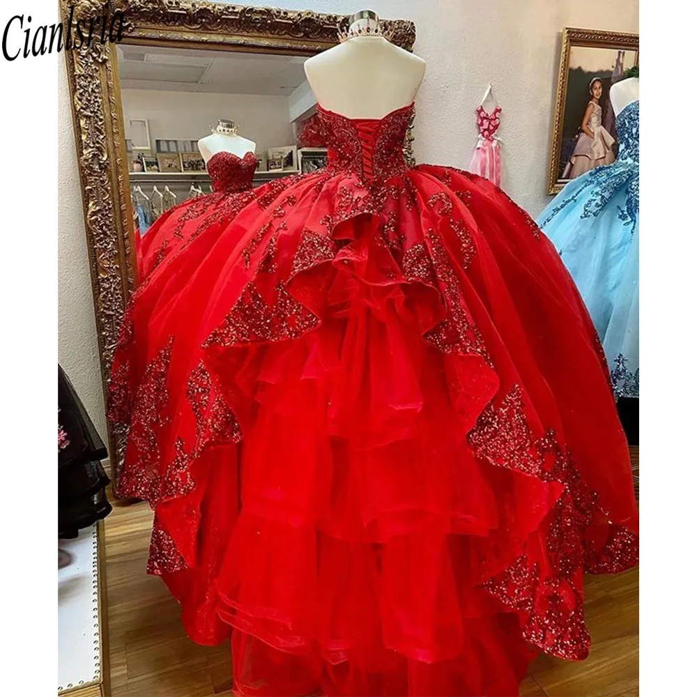 

Sparkly Red Ball Gown Quinceanera Dresses with Dechable Sleeves rose gold Sweetheart Tulle Vintage Lace Applique Sweet 16 Dress