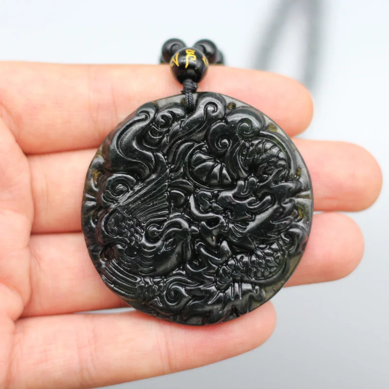 

Natural Black Green Jade Dragon Phoenix Pendant Bead Necklace Chinese Carved Charm Jewelry Fashion Amulet for Men Women Gifts