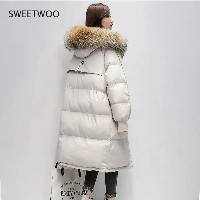 Women's Winter Long Down Cotton Jacket Korean Stye Large Fur Collar Hooded Thick Parkas Warm Loose Clothing Women Coat 2021