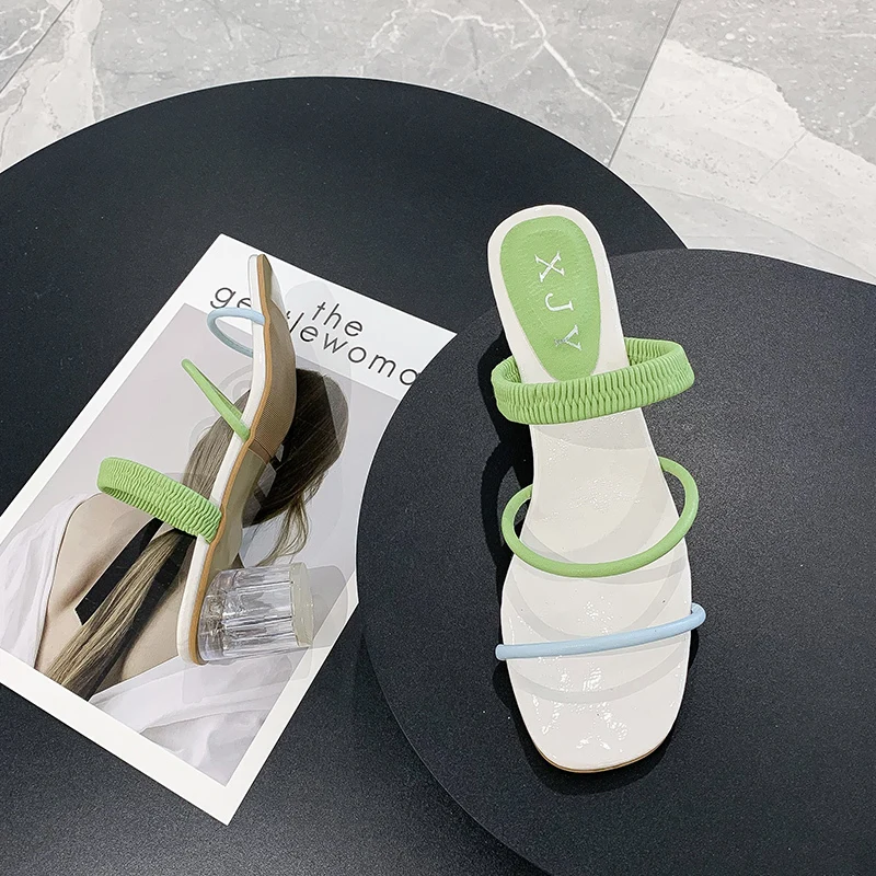 

Summer 2020 women's outer wear fashion wild ladies high-heeled slippers new fresh crystal heel sandals Z539
