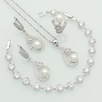 flowers 925 sterling silver jewelry white crystal pearl jewelry set for women braceletearringsringpendantnecklace