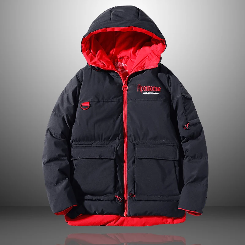 

Мужская хлопковая куртка с капюшоном, черная однотонная теплая парка на молнии с вышивкой, уличная одежда для зимы, 2021