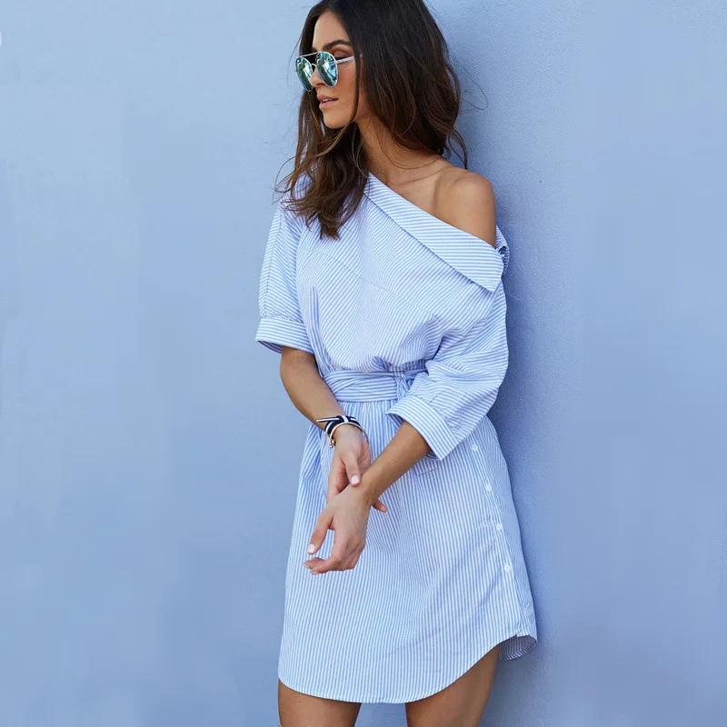 

Fashion Sexy Off One Shoulder Blue Striped Belted Mini Dress 2021 Summer Women Half Sleeve Streetwear Beach Dresses vestidos