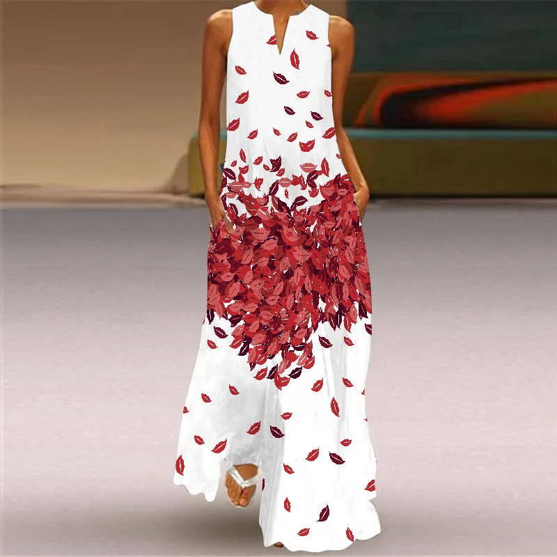 

Prom Women Summer Elegant Floor-Length Dress Plus Size Print Daily Casual Sleeveless Vintage Bohemian V-Neck Maxi Robes Female