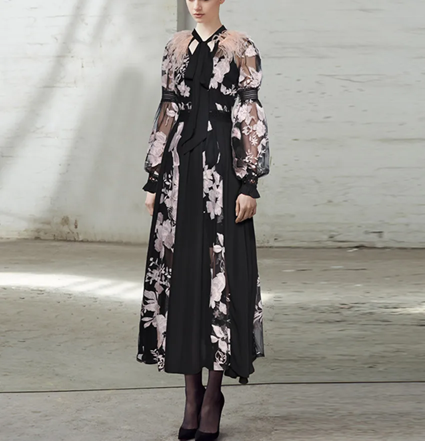 Женское модельное длинное платье роскошное осеннее шифоновое лоскутное