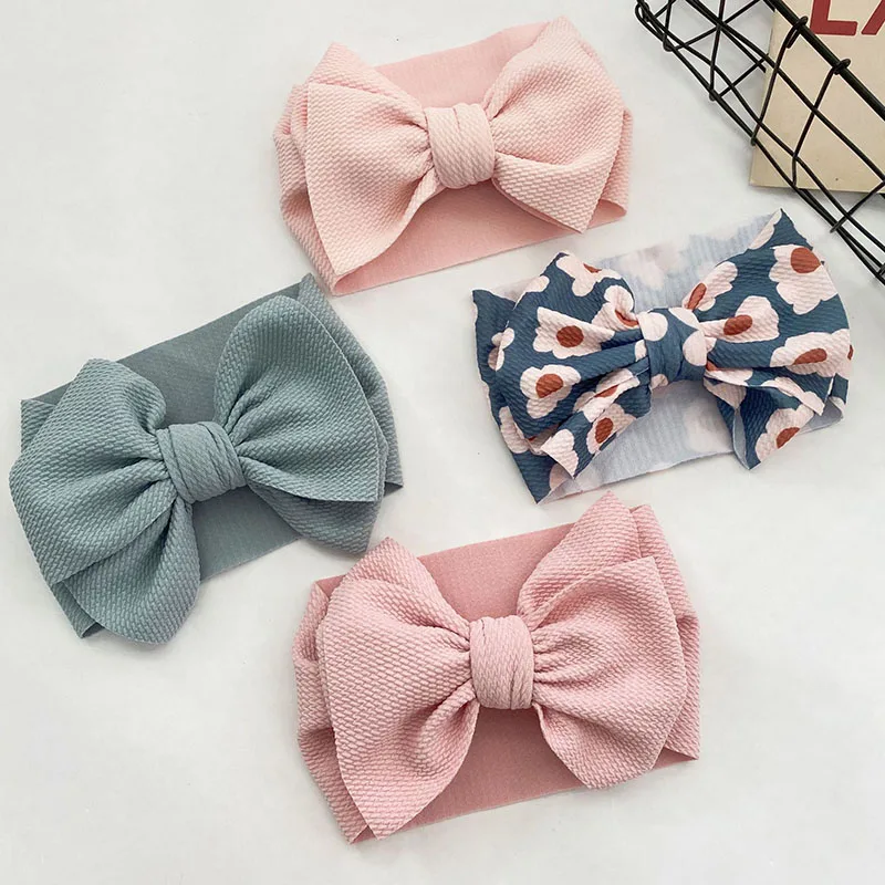 Повязка на голову детская с цветочным принтом большими бантами широкая мягкая