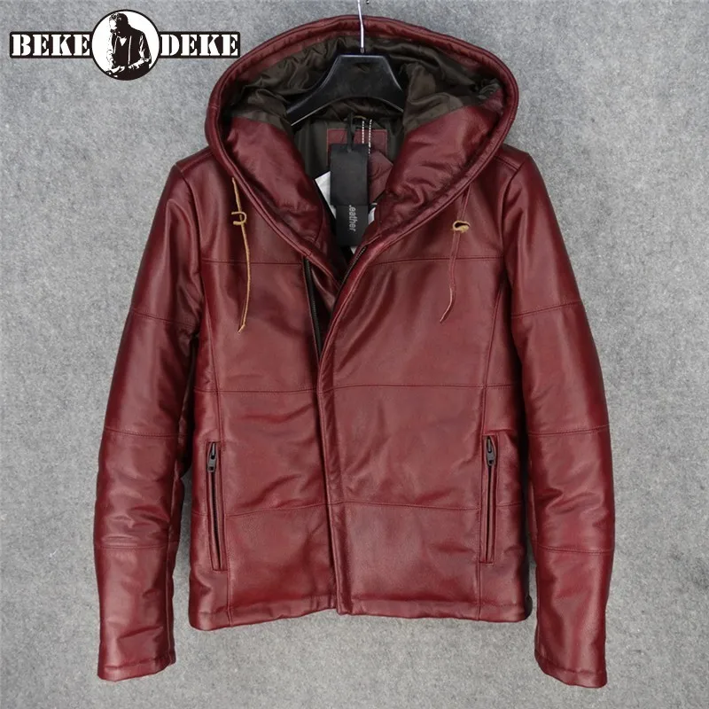 

Hooded Winter 100% Slim Real Leather Jacket Men Brand Fashion Warm Cowhide Cotton Short Coat Vintage Casual Long Sleeve Outwear