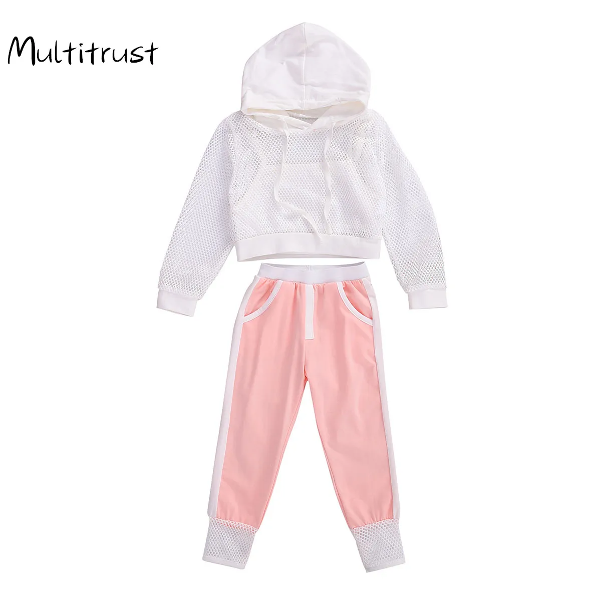 

Комплект одежды для девочек, однотонный сетчатый топ с длинным рукавом и капюшоном, Базовая рубашка на подтяжках + брюки, 3 шт., на лето и осен...