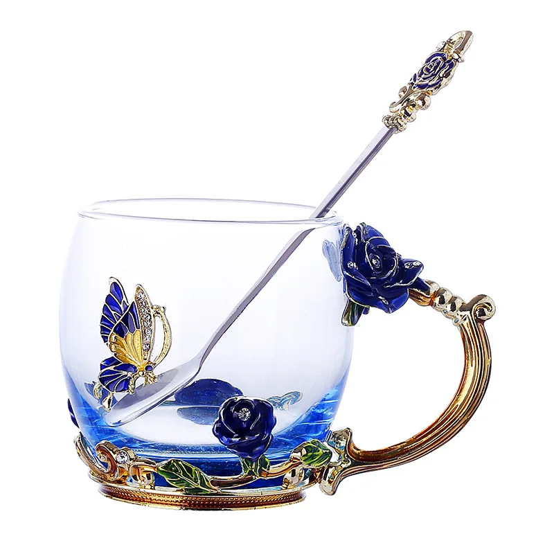 

Blue Rose Enamel Crystal Tea Cup with Teapot Coffee Mug Butterfly Rose Painted Flower Water Cups Clear Glass with Spoon Set