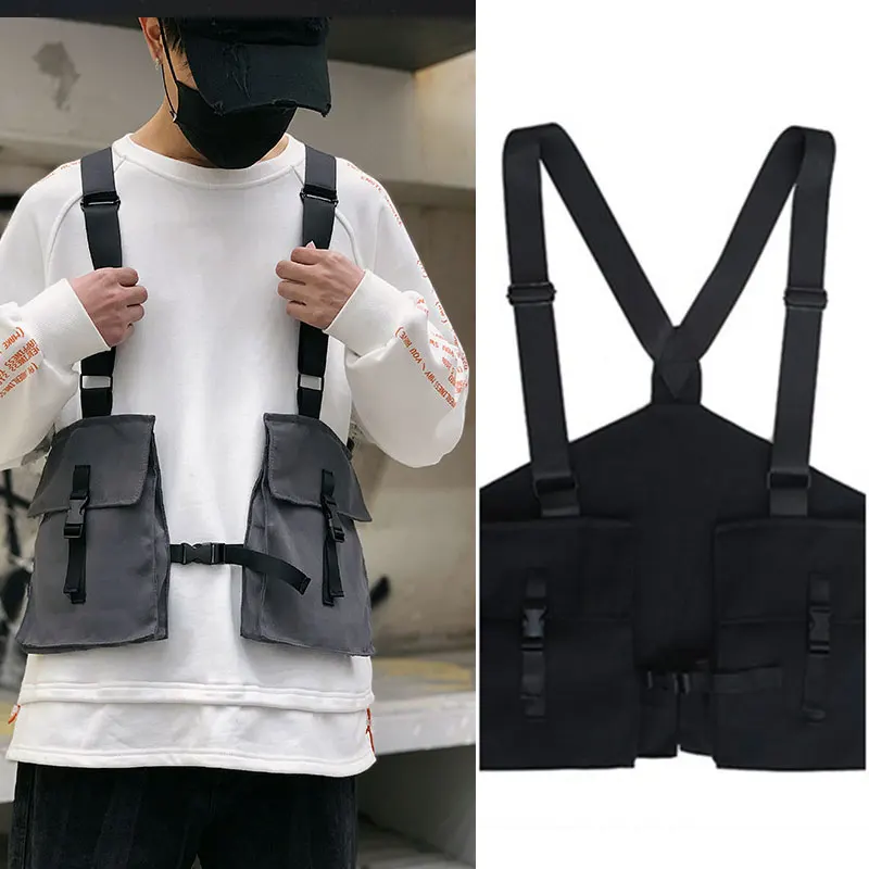 

Multi-pockets Vests Hip-hop Hiking Fishing Chest-Bag Advertising Harajuku Black Waistcoat Military Function Tactical Cargo Vest