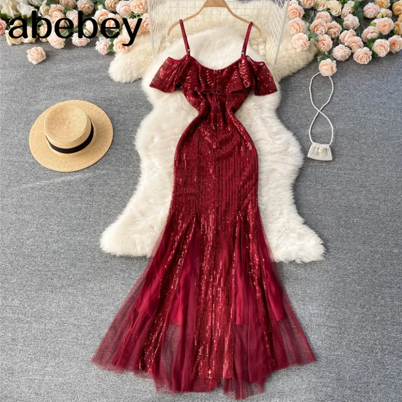 

Платье-Русалка Женское длинное с блестками, Модный облегающий пикантный Сарафан Макси с открытыми плечами и лямками для клувечерние, на лет...