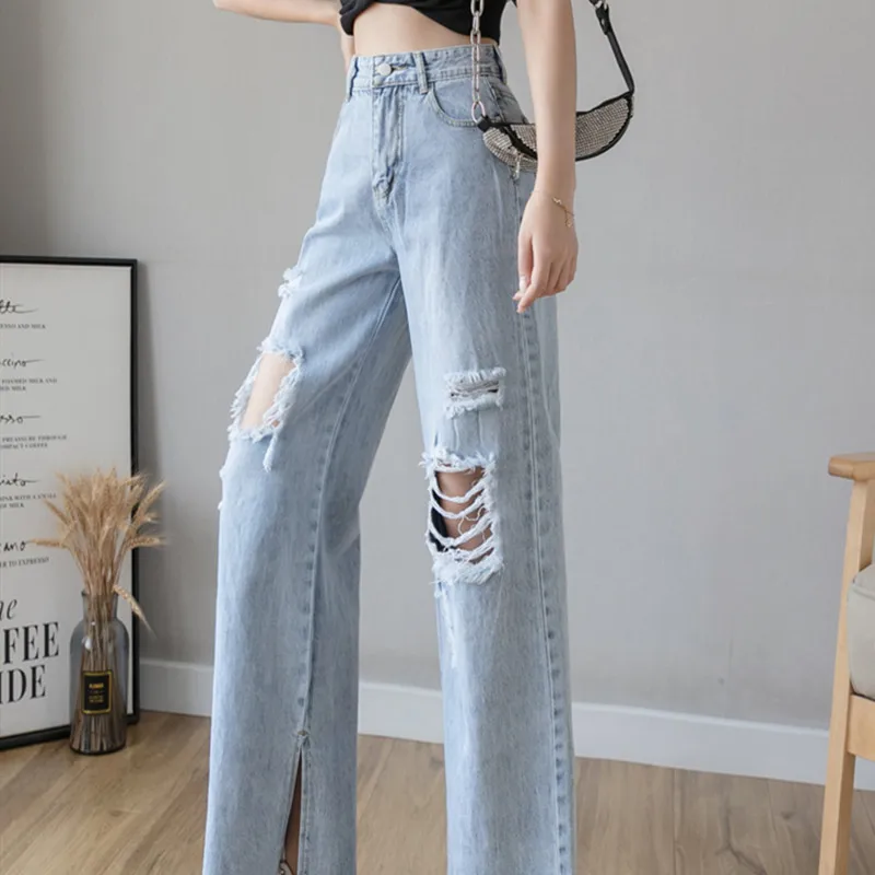 

NEW Woman Jeans Clothes High Waisted Ripped Summer Streetwear Baggy Wide Leg Vintage Fashion Blue Harajuku Straight Pants