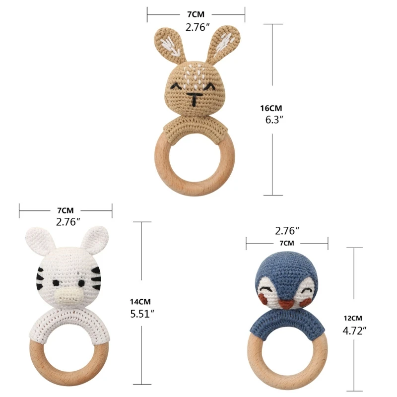 

Baby Rattle Crochet Animal Baby Teether Wooden Ring Handmade Wood Teething Toy J2HD