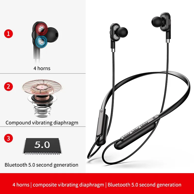 BT 126 двухдинамические Bluetooth наушники 5 0 четыре динамика сабвуфер с креплением на