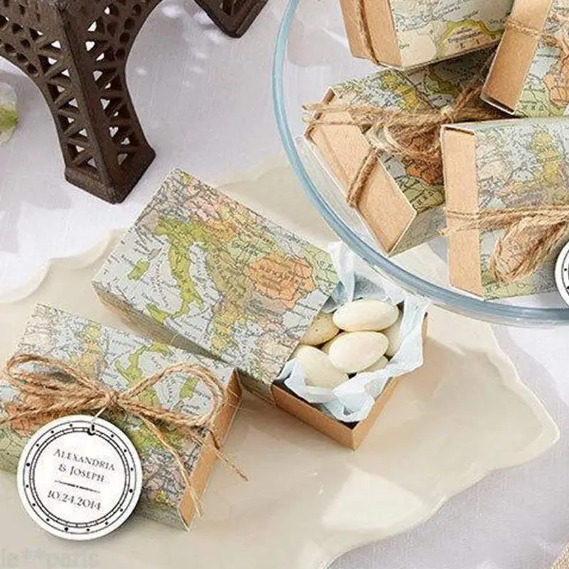 

50 Pcs Around the World Map Favor Boxes Vintage Kraft Favor Box Candy Gift bag for Travel Theme Party Wedding Birthday Bridal Sh