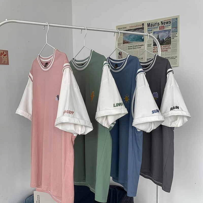

Korean Streetwear Hip Hop Weather Embroidery Fake Two Couple T Shirts Kpop Fashion Tops Kawaii Woman Clothes Casual Short Sleeve