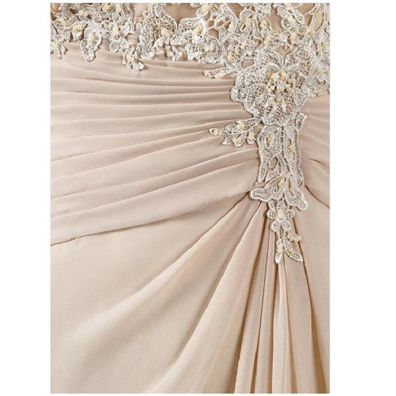 Champagne Chiffon Lace Beading V-Neck Half Sleeves Floor-Length A-line Mother of the bride dress Court Train